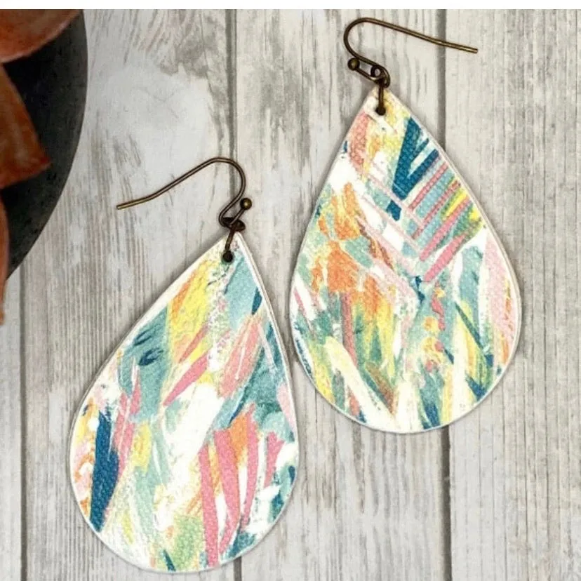 Aqua and Pink Watercolor Feather Wood Earrings
