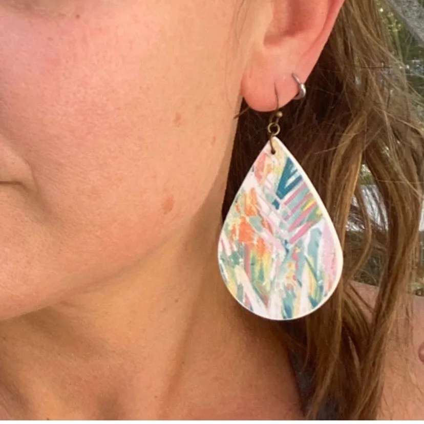 Aqua and Pink Watercolor Feather Wood Earrings