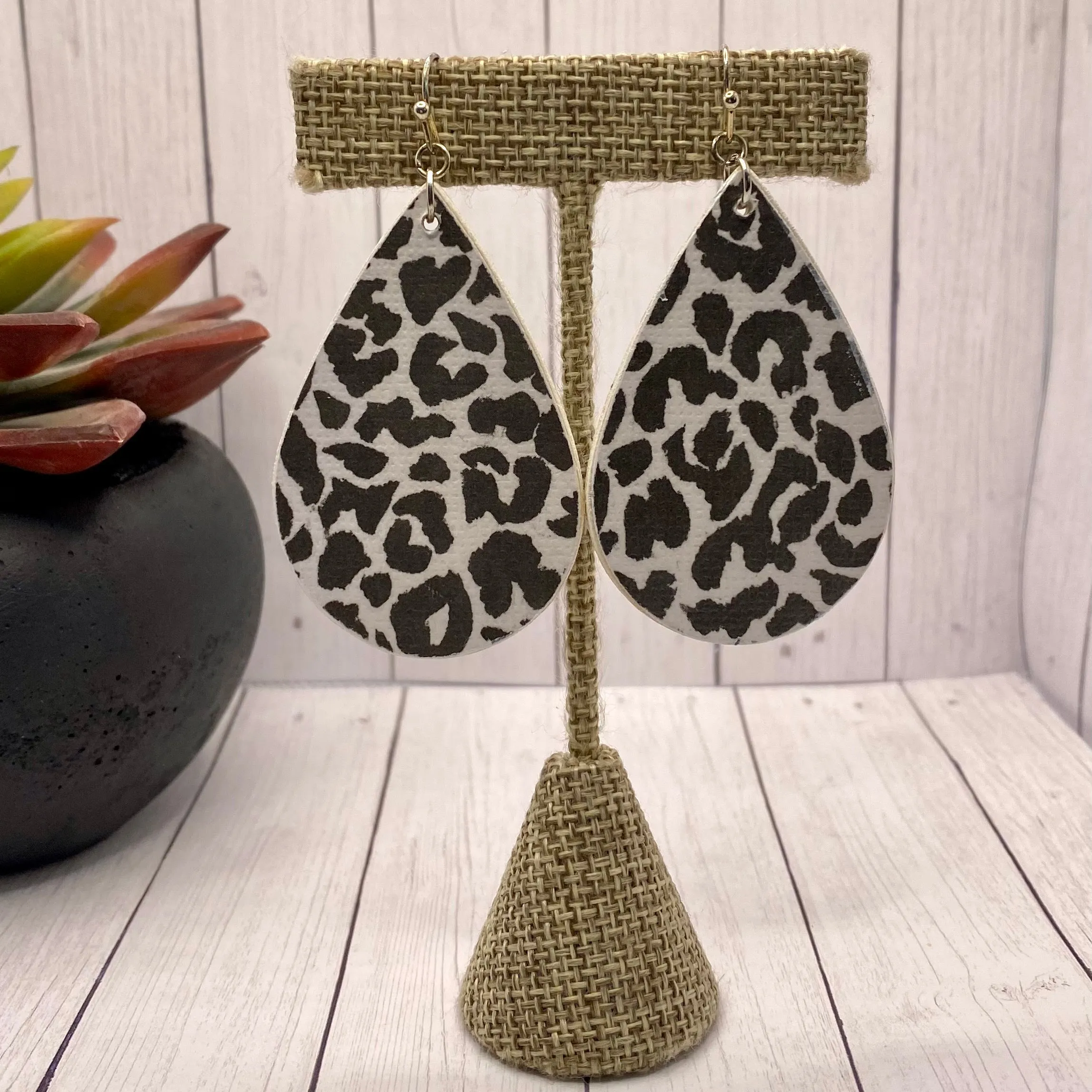 Black and White Leopard Wood Earrings