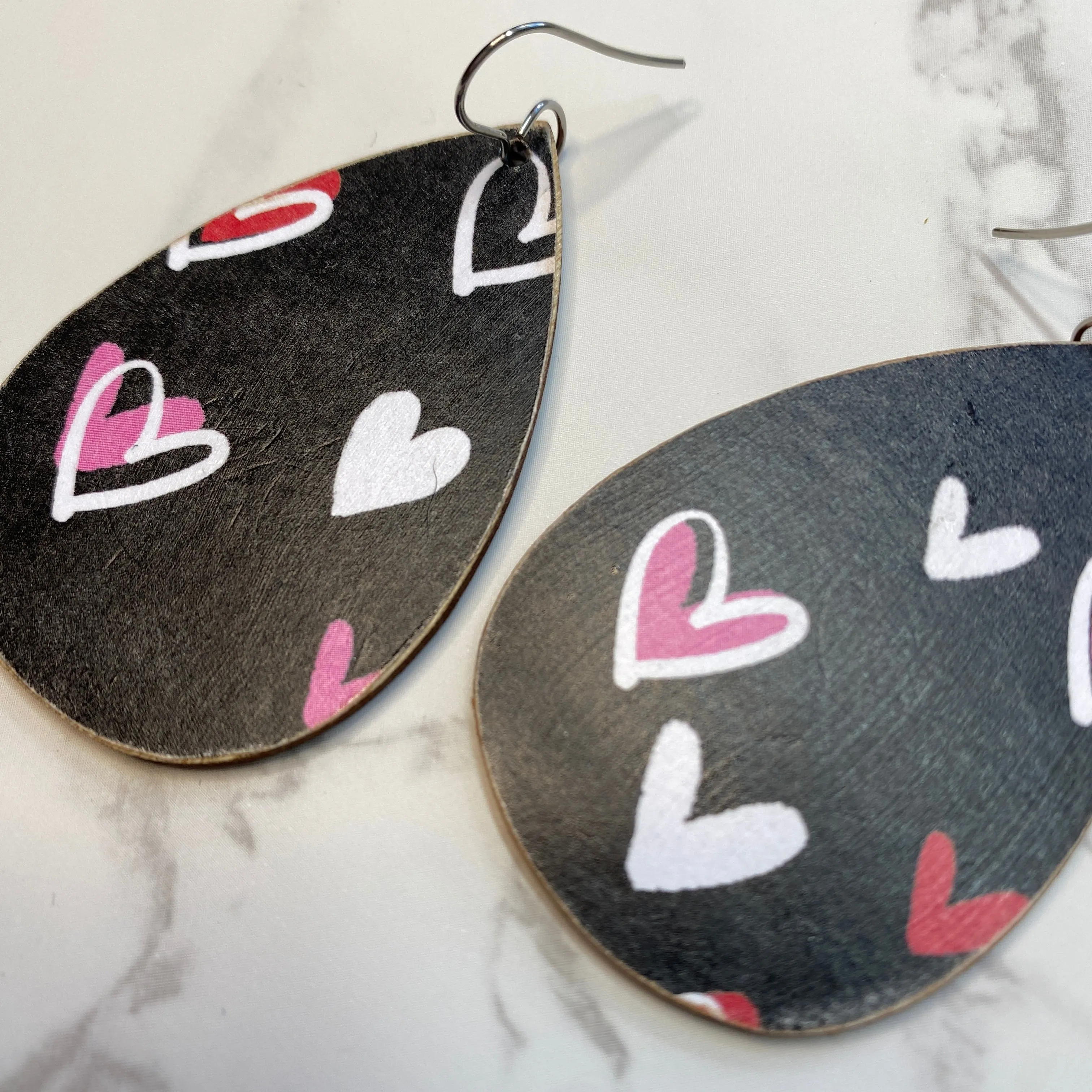 Black Red and Pink Heart Wood Earrings