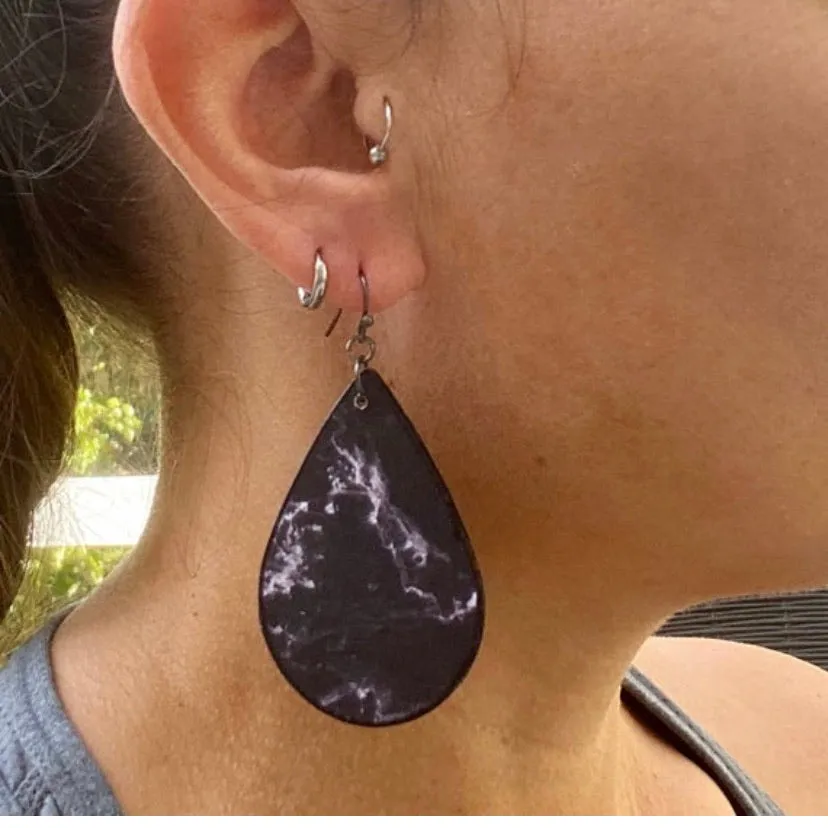 Black  White Marble Pattern Wood Earrings