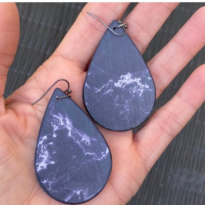 Black  White Marble Pattern Wood Earrings