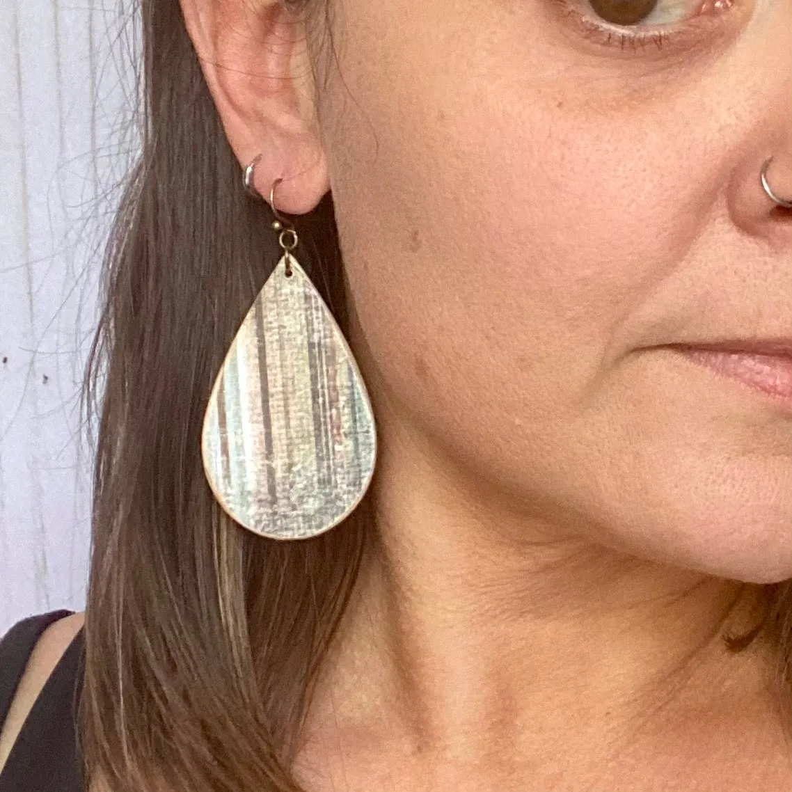Blue and Green Distressed Striped Wood Earrings