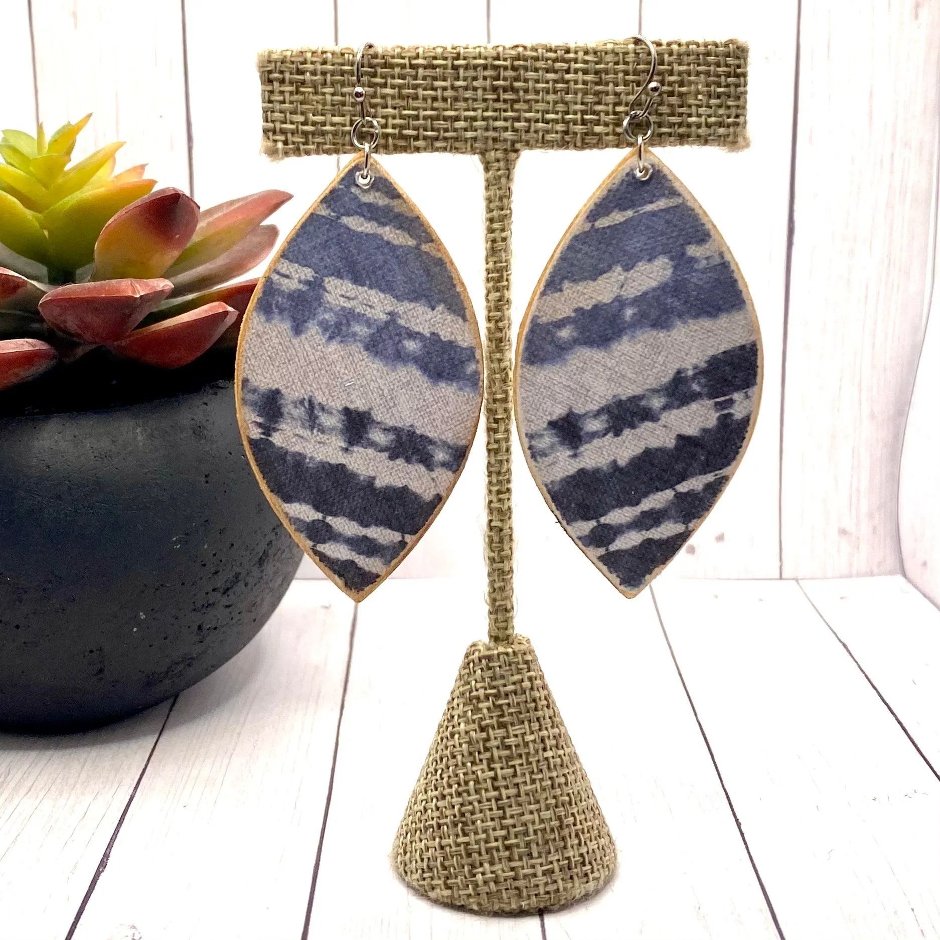 Blue and White Leaf Wood Earrings