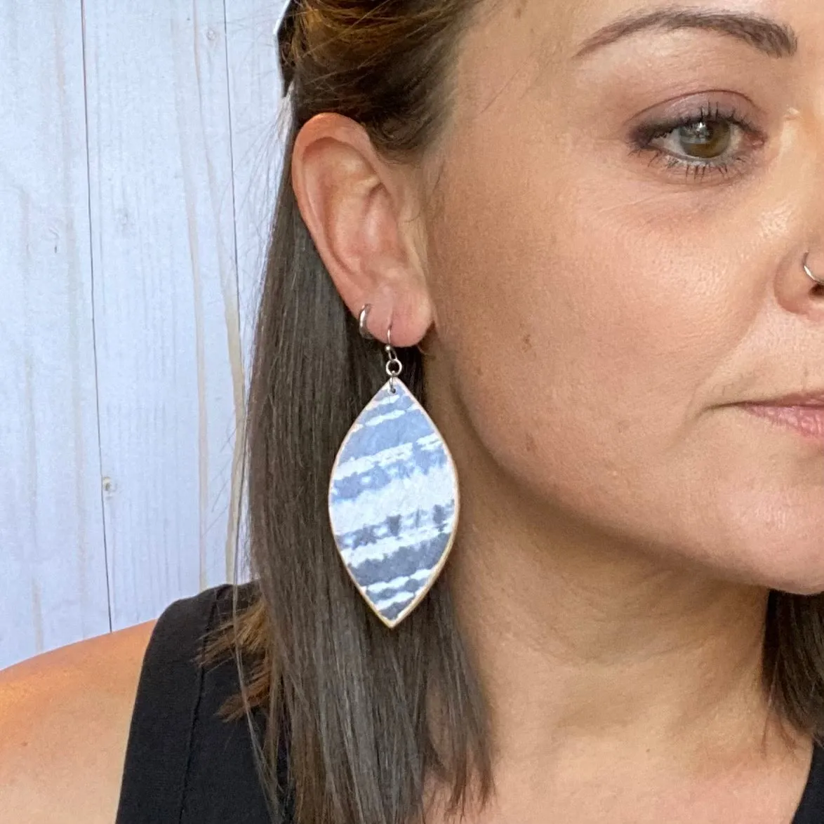 Blue and White Leaf Wood Earrings