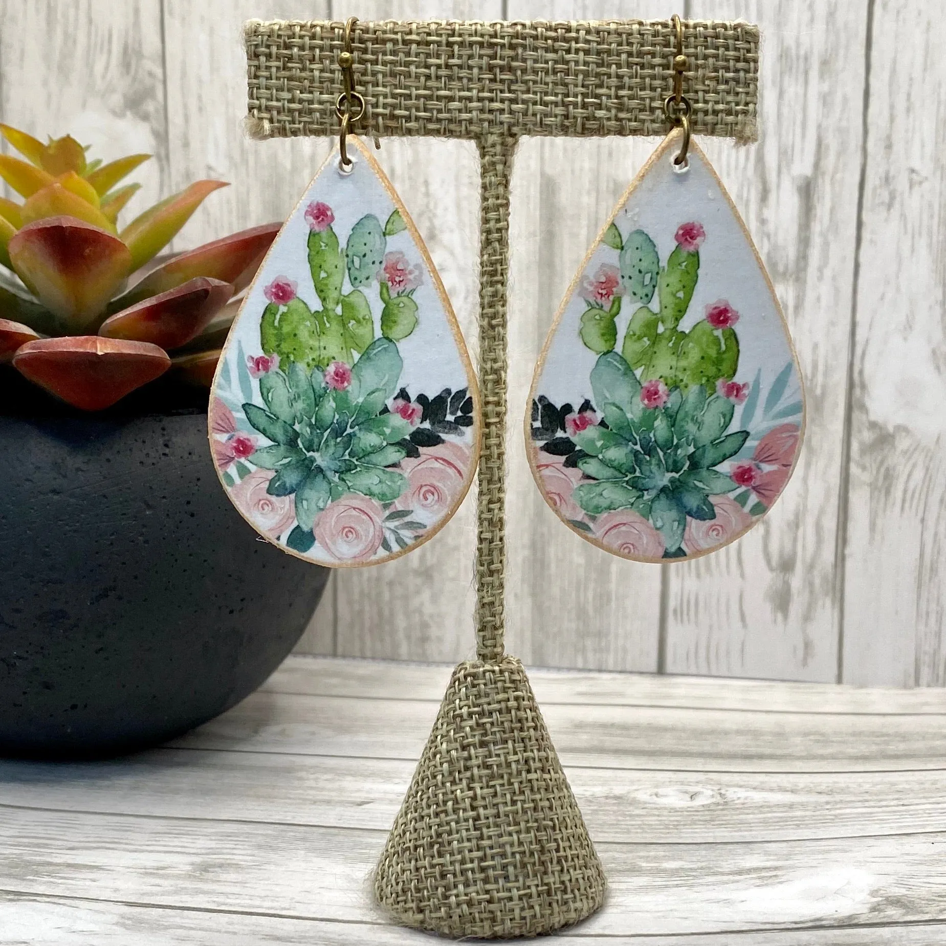 Cactus Flower Wood Earrings