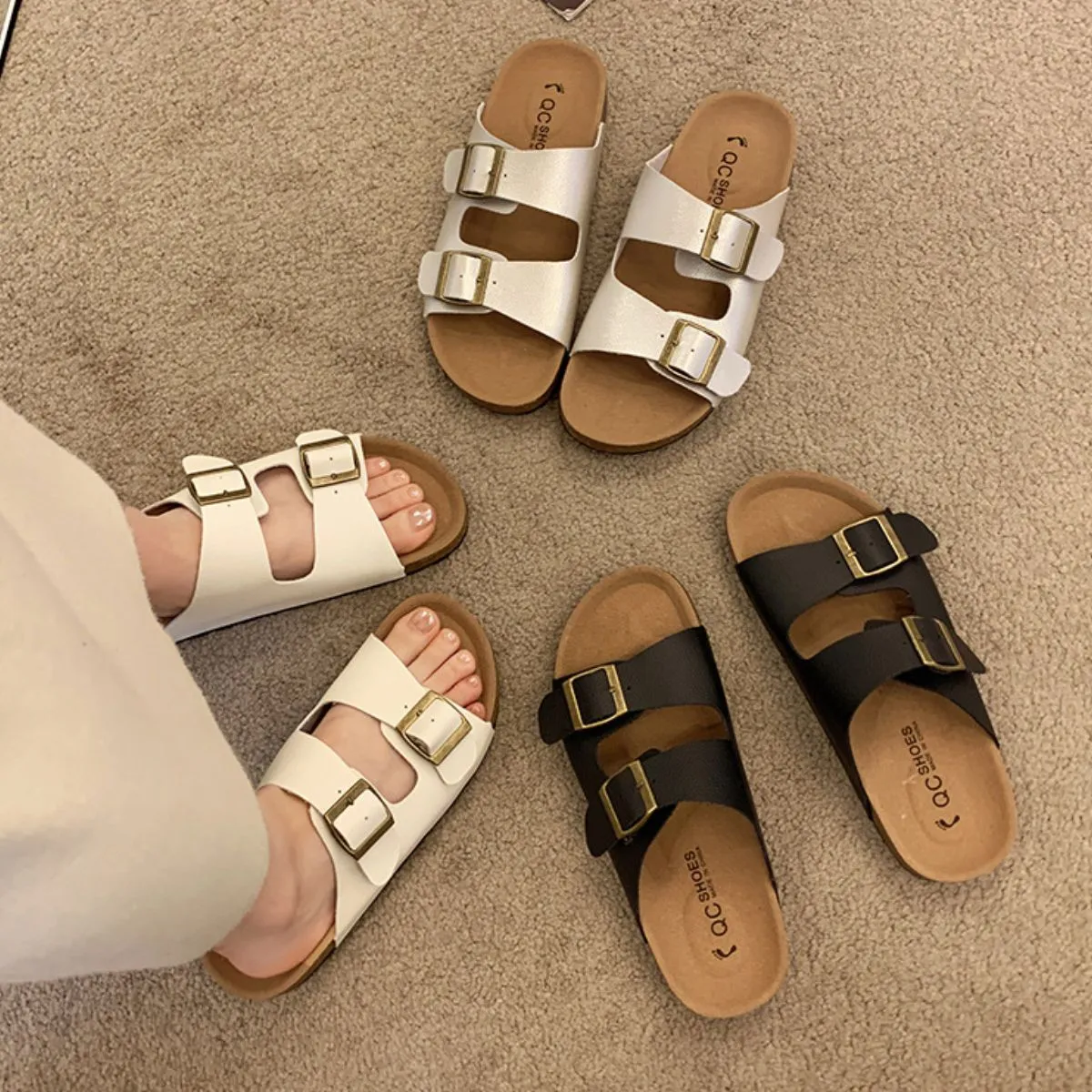 Double Buckle Flat Sandals