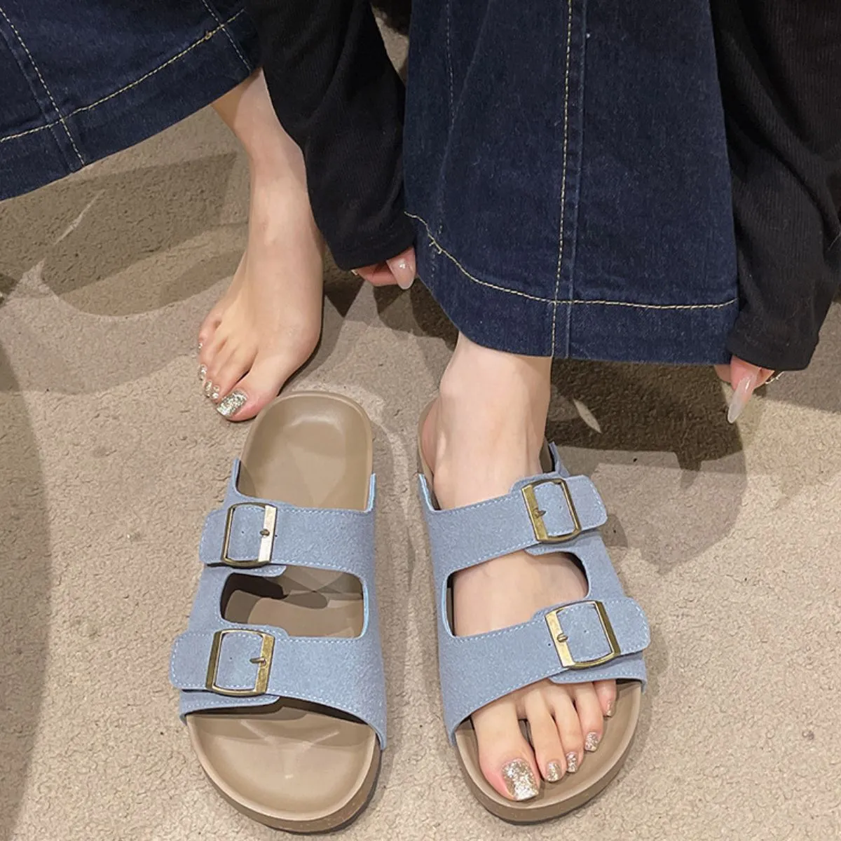 Double Buckle Flats Sandals