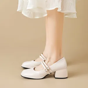 Double Buckle Strap Square Toe Mary Jane Heels