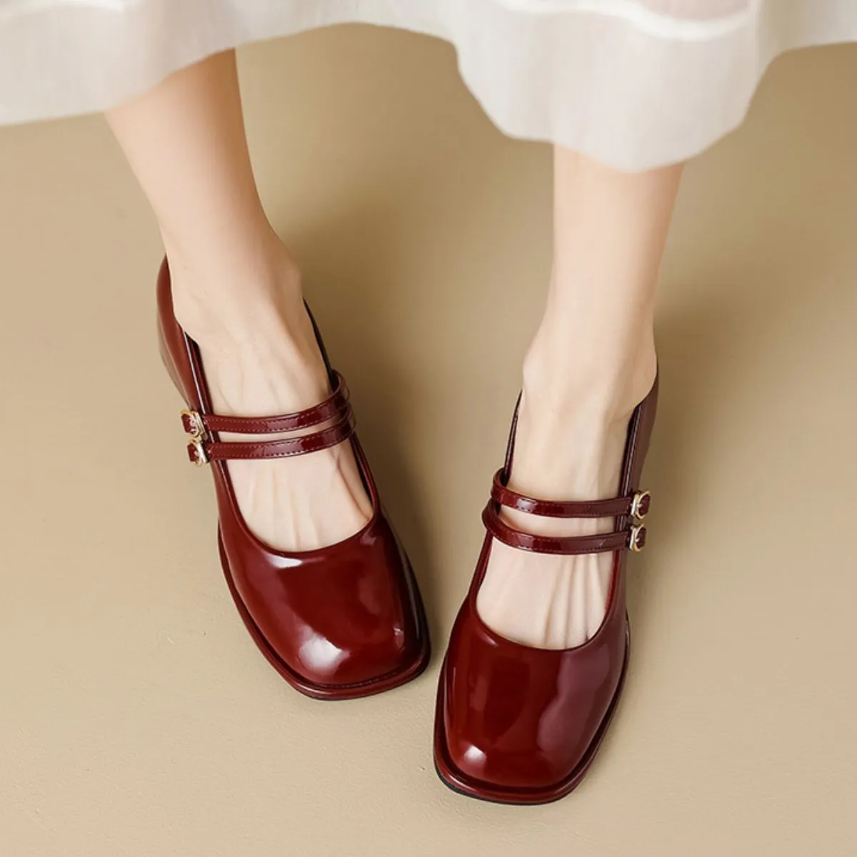 Double Buckle Strap Square Toe Mary Jane Heels