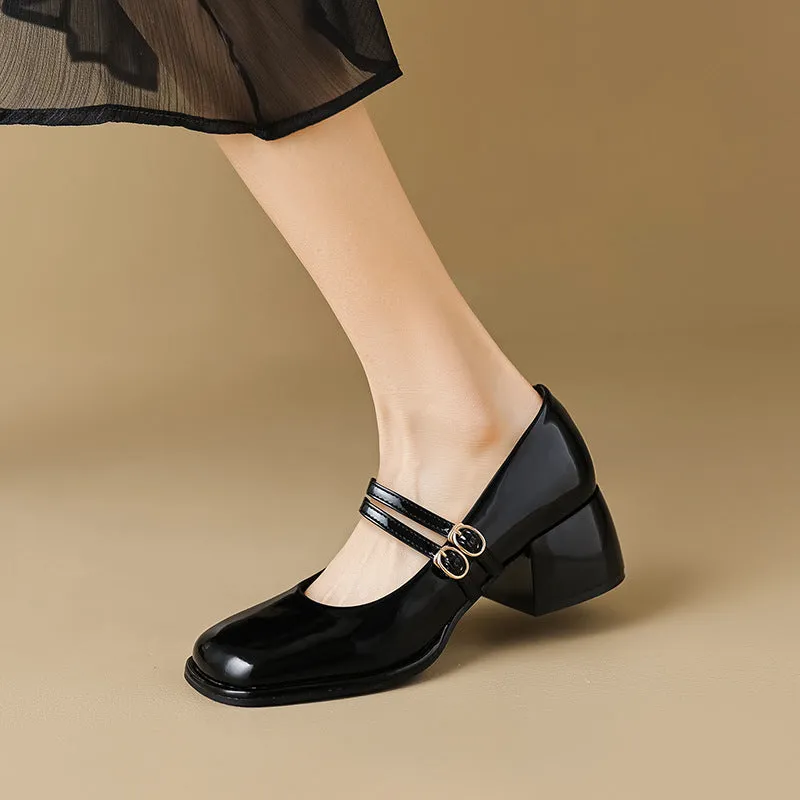 Double Buckle Strap Square Toe Mary Jane Heels