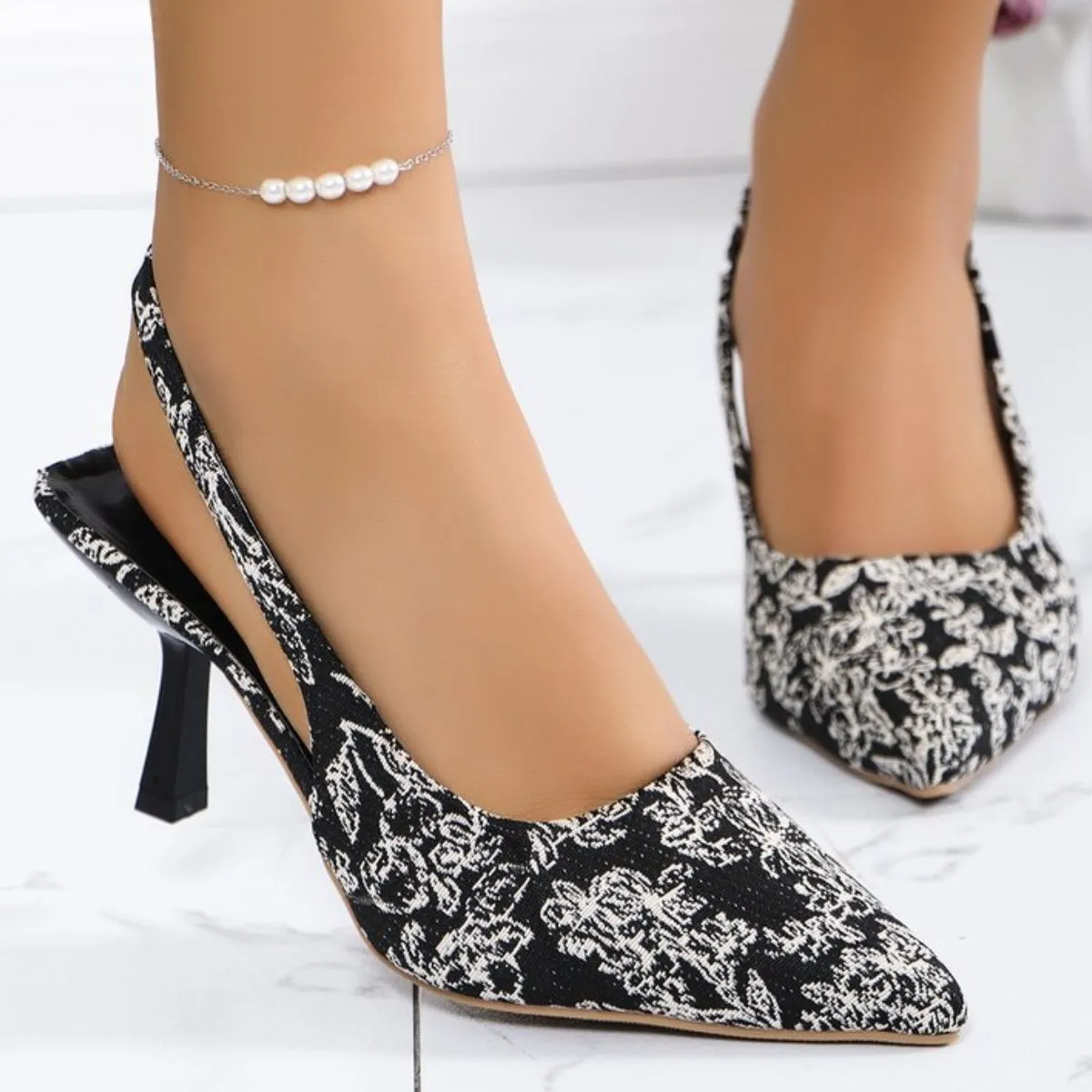 Floral Point Toe Slingback Pumps