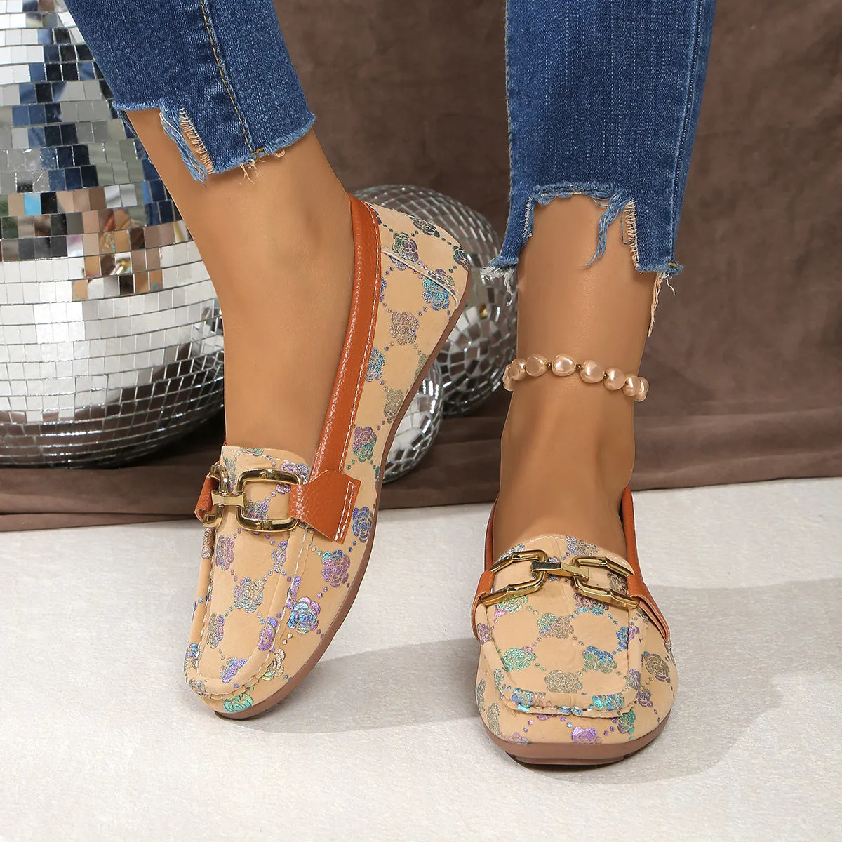 Floral PU Leather Flat Loafers