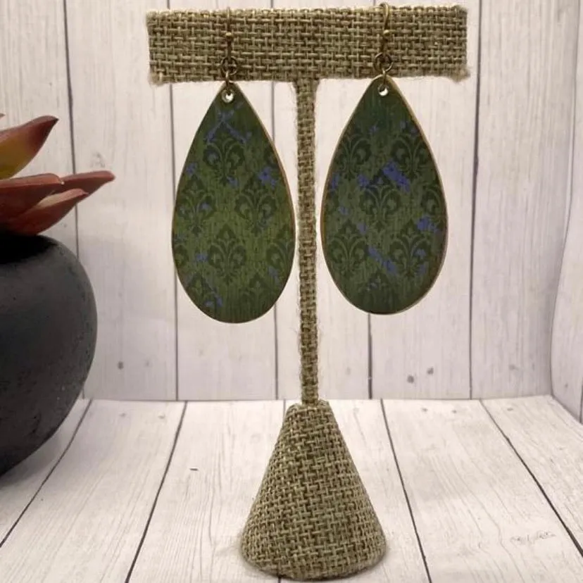 Green and Blue Damask Wood Earrings