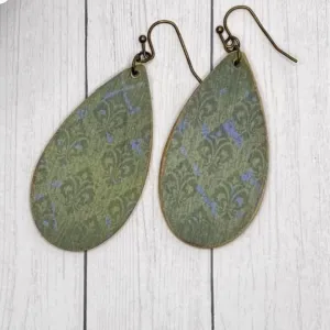 Green and Blue Damask Wood Earrings
