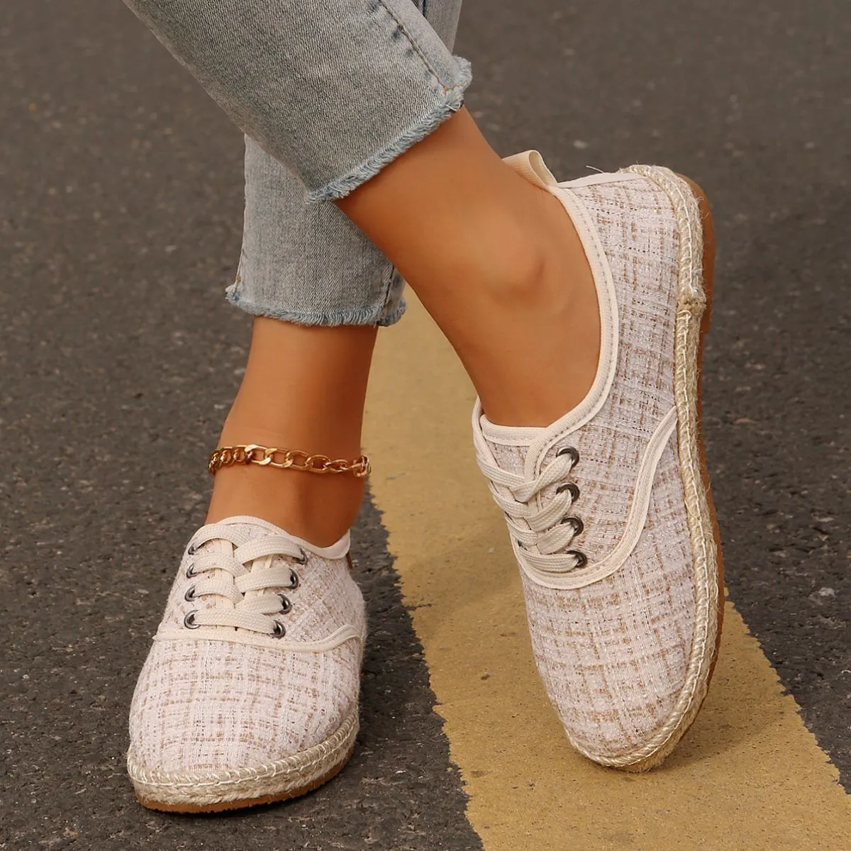 Lace Up Round Toe Flats Tweed Sneakers