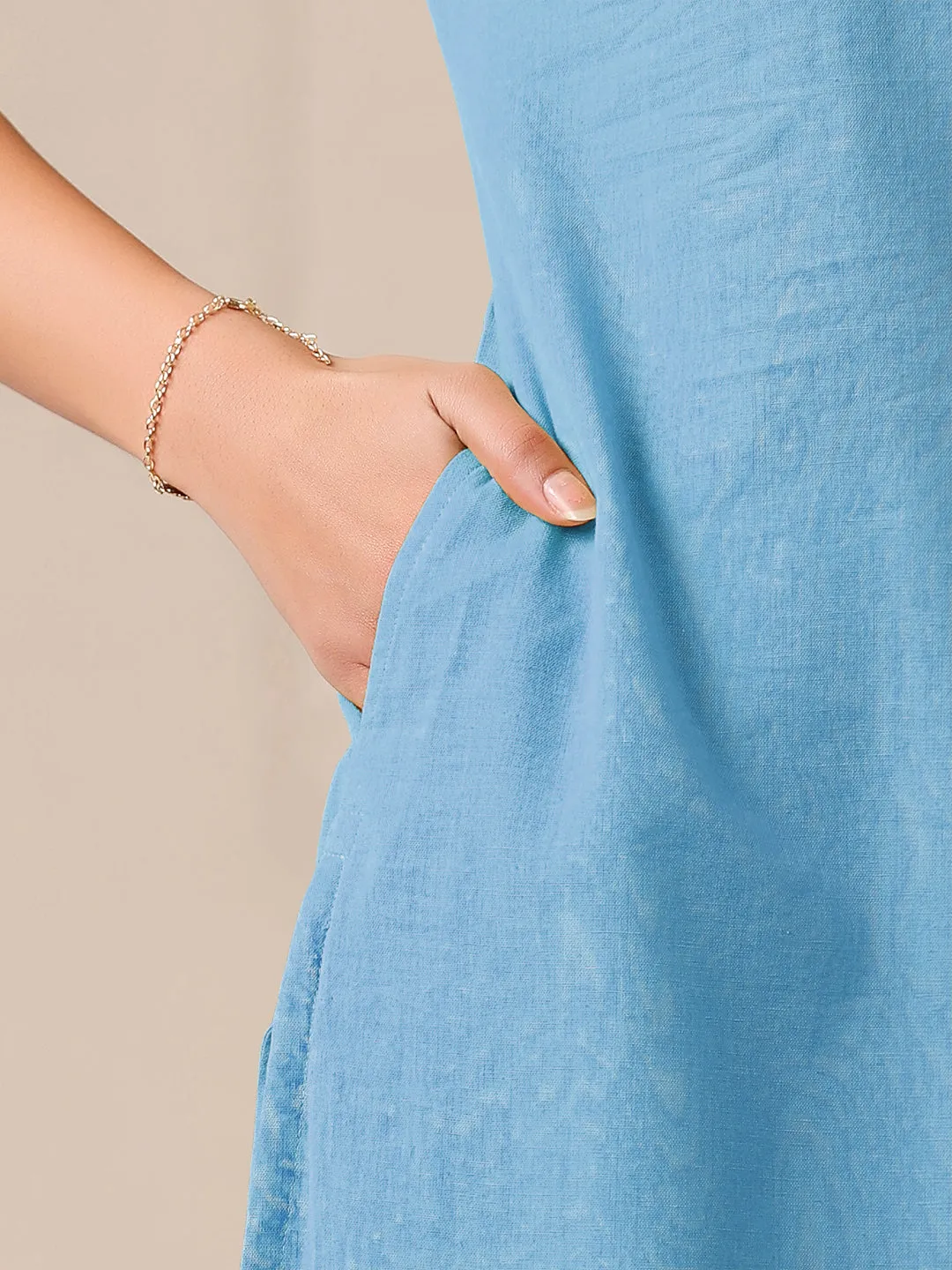 Light Blue Cotton Solid Straight Kurta