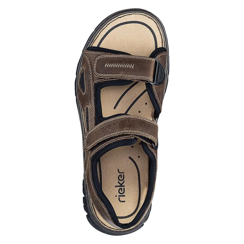 Mens Rieker Walking Sandals Leather Brown Hook & Loop Strap 26761-26