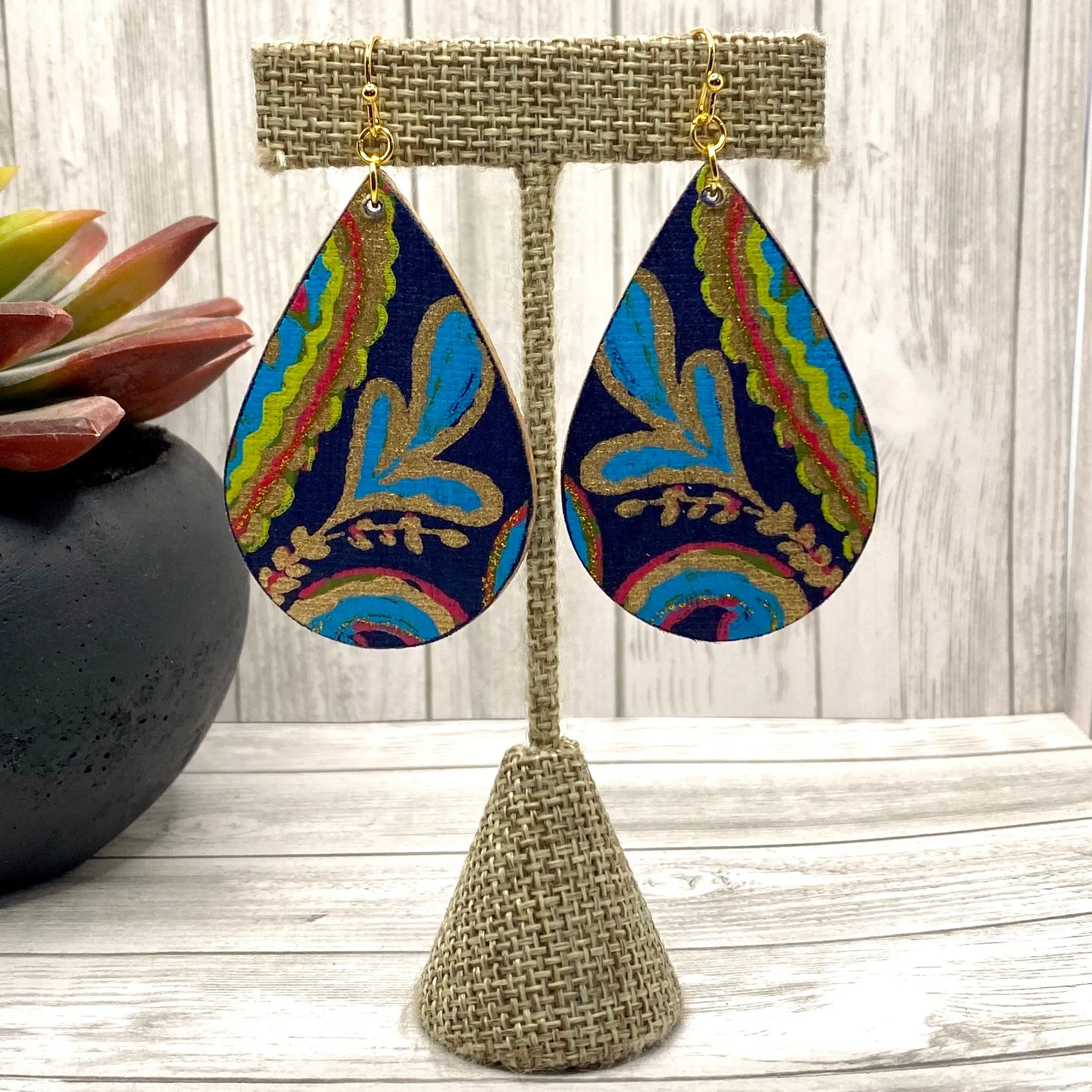 Navy and Gold Paisley Wood Earrings