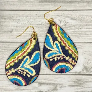 Navy and Gold Paisley Wood Earrings