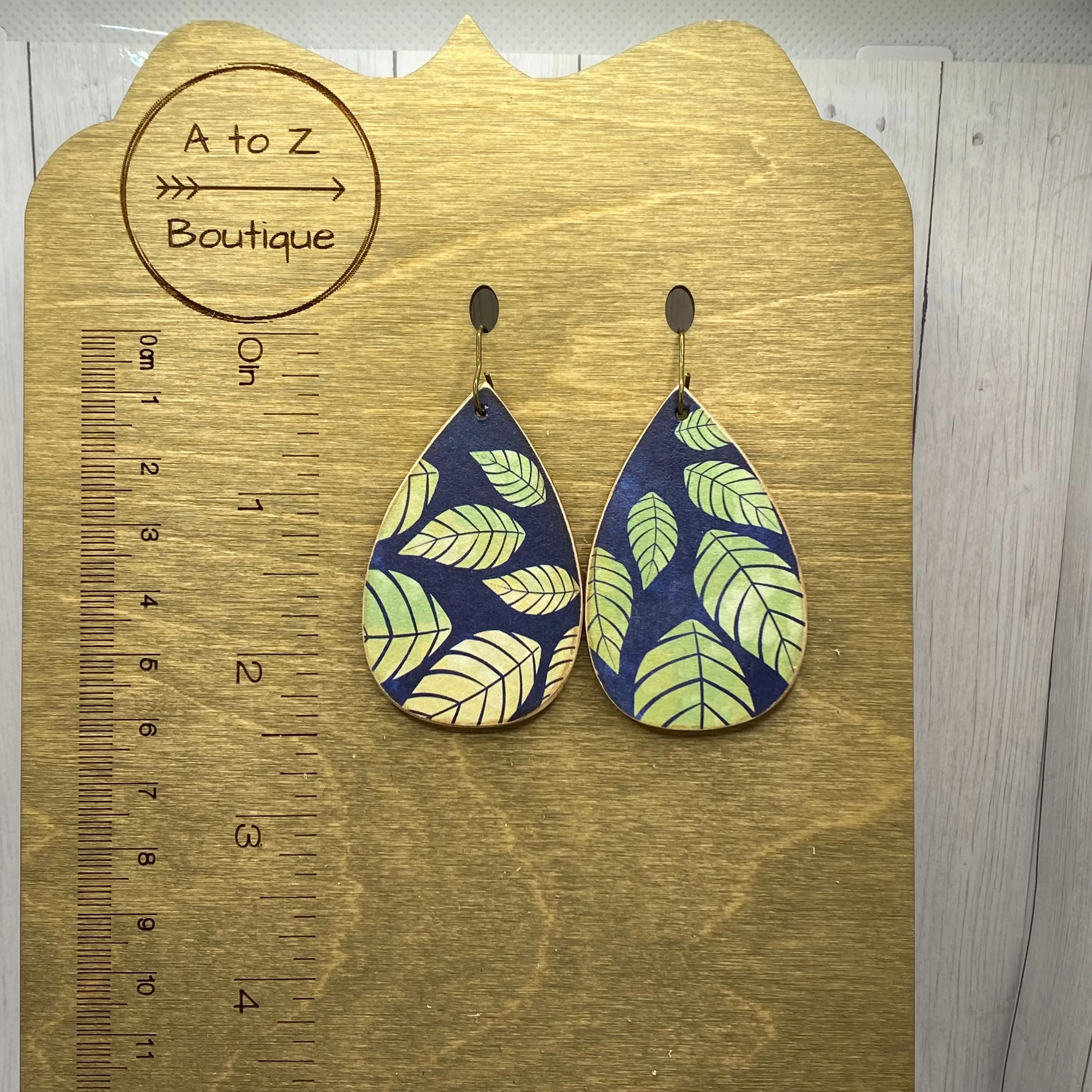 Navy and green leaf print Wood Earrings