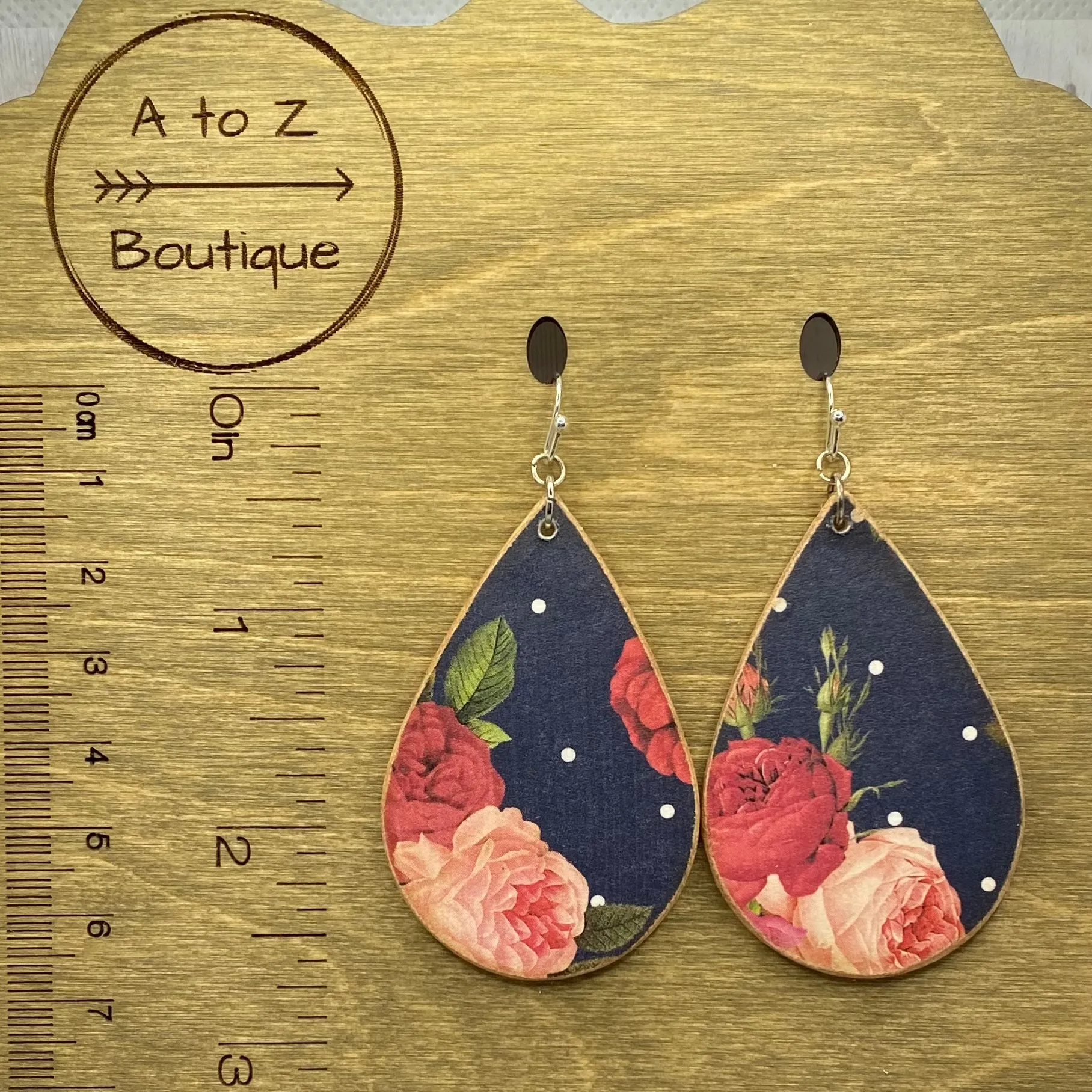 Navy and Roses Wood Earrings