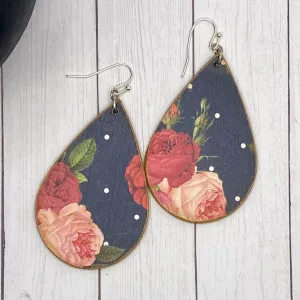 Navy and Roses Wood Earrings