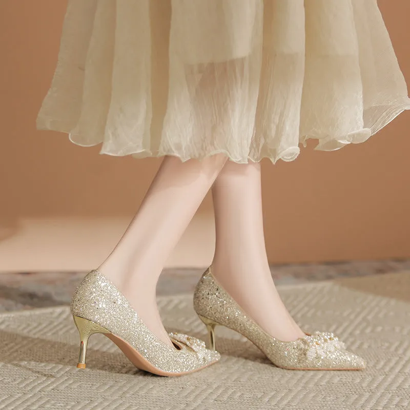 Pearl Detail Point Toe Pumps