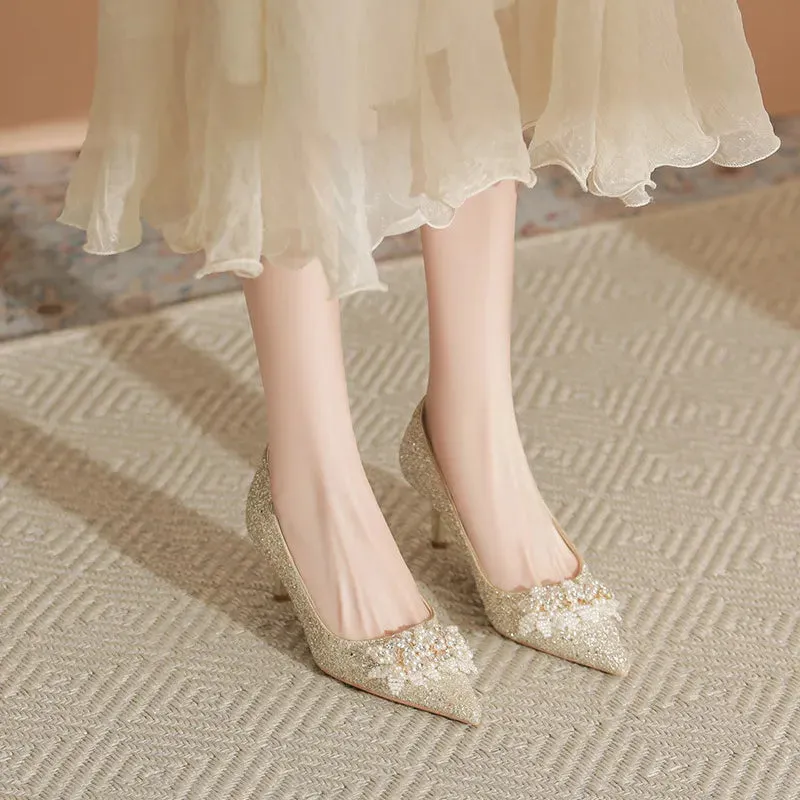 Pearl Detail Point Toe Pumps