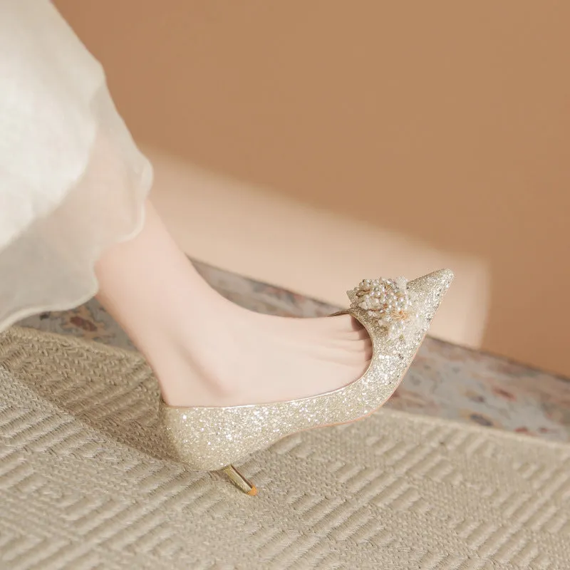 Pearl Detail Point Toe Pumps