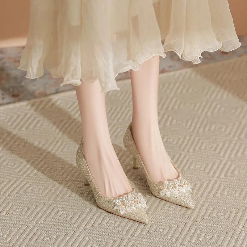 Pearl Detail Point Toe Pumps