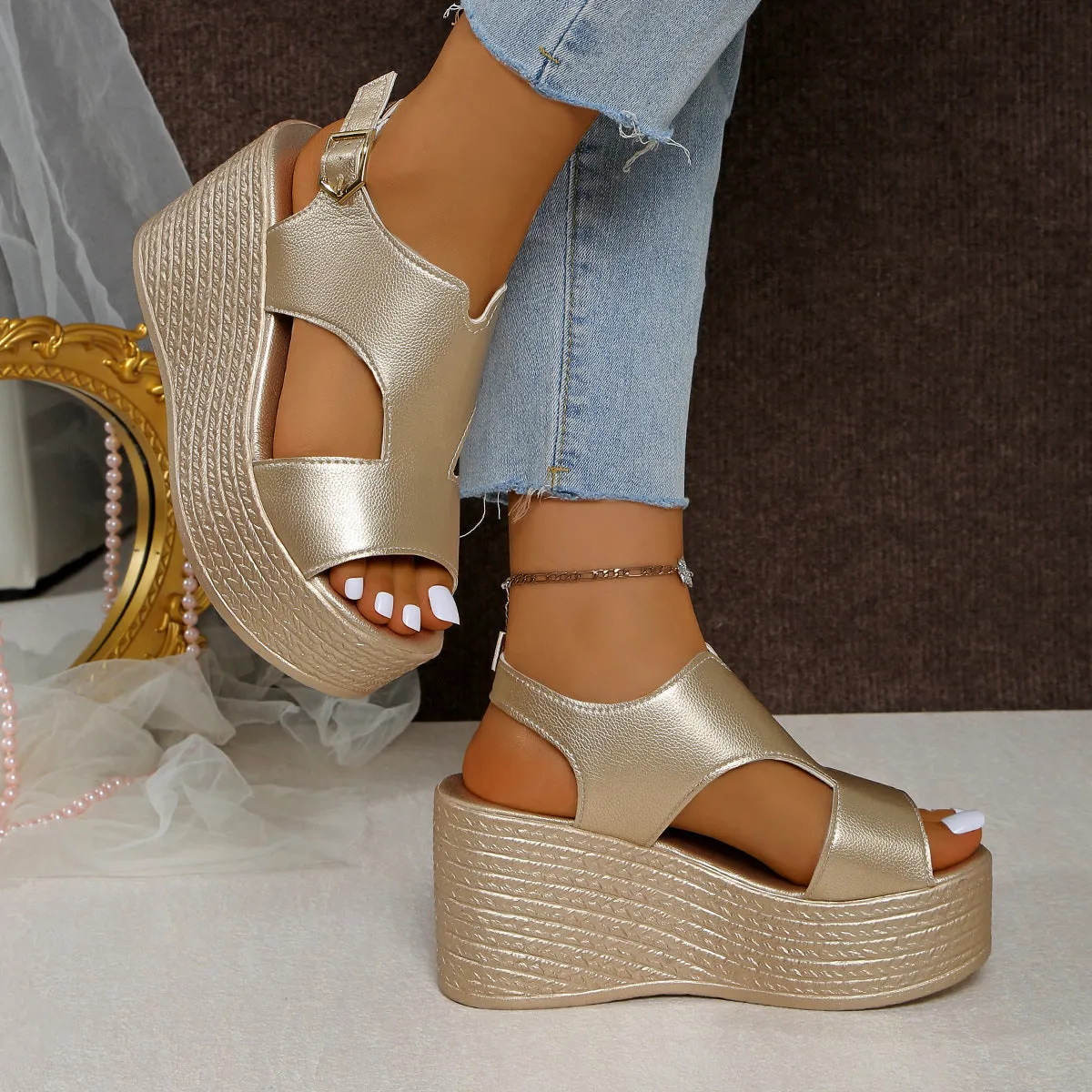 Peep Toe Cut Out Wedge Sandals