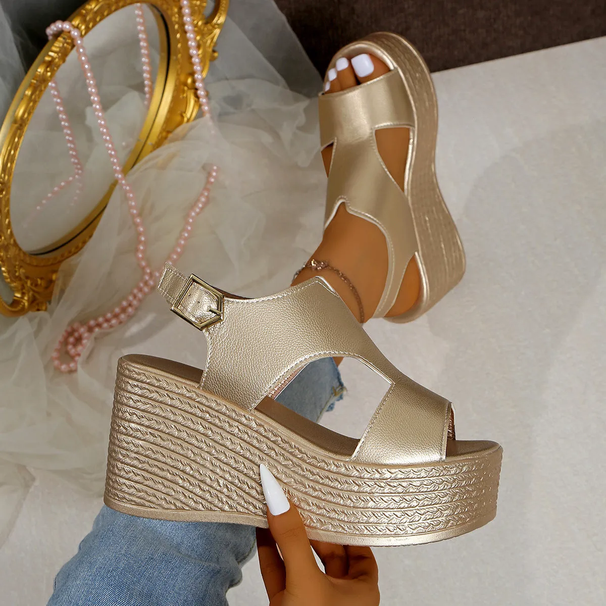 Peep Toe Cut Out Wedge Sandals