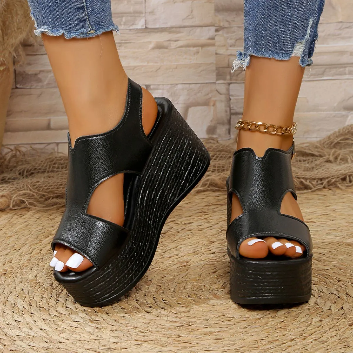 Peep Toe Cut Out Wedge Sandals
