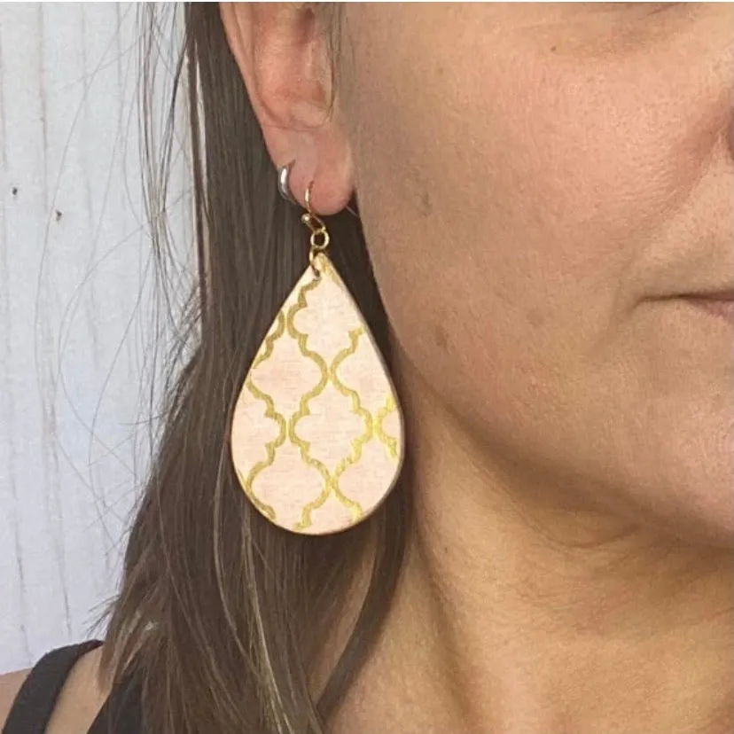 Pink and Gold Moroccan Tile Wood Earrings