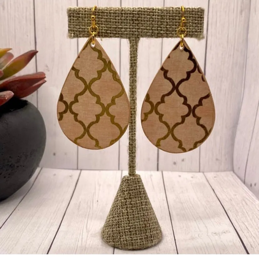 Pink and Gold Moroccan Tile Wood Earrings