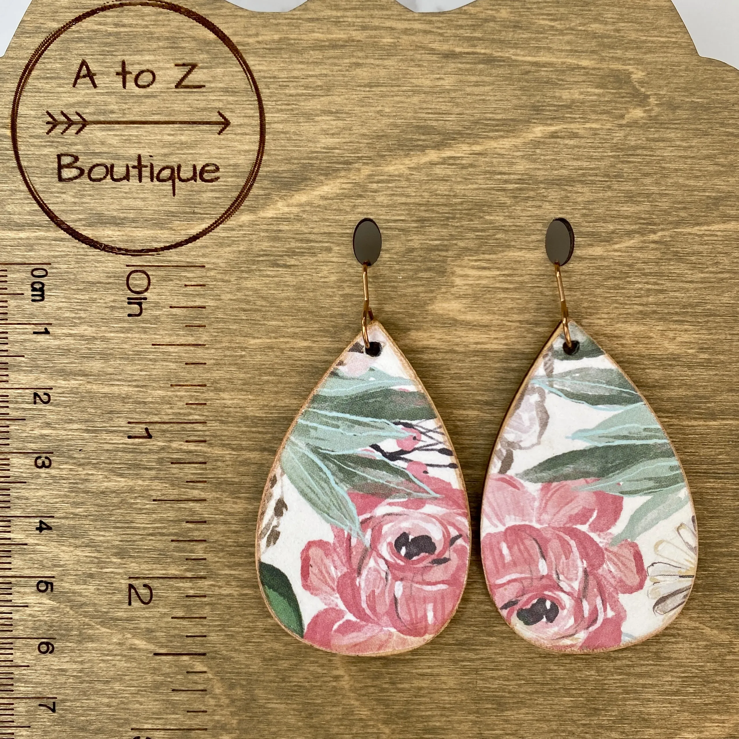 Pink and Green Floral Wood Earrings