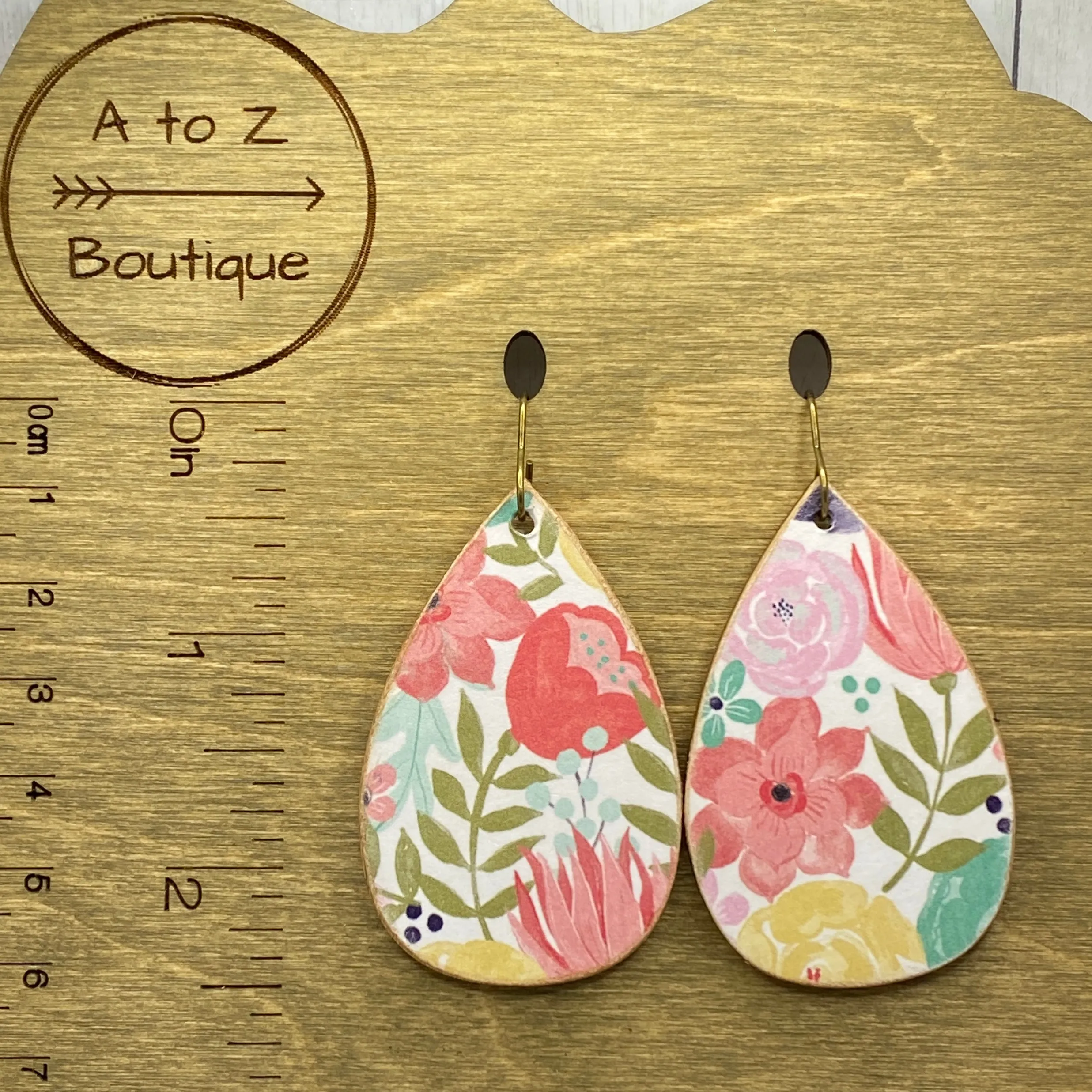 Pink and Olive Floral Wood Earrings