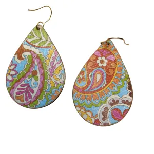 Pink Blue Green Paisley Wood Earrings