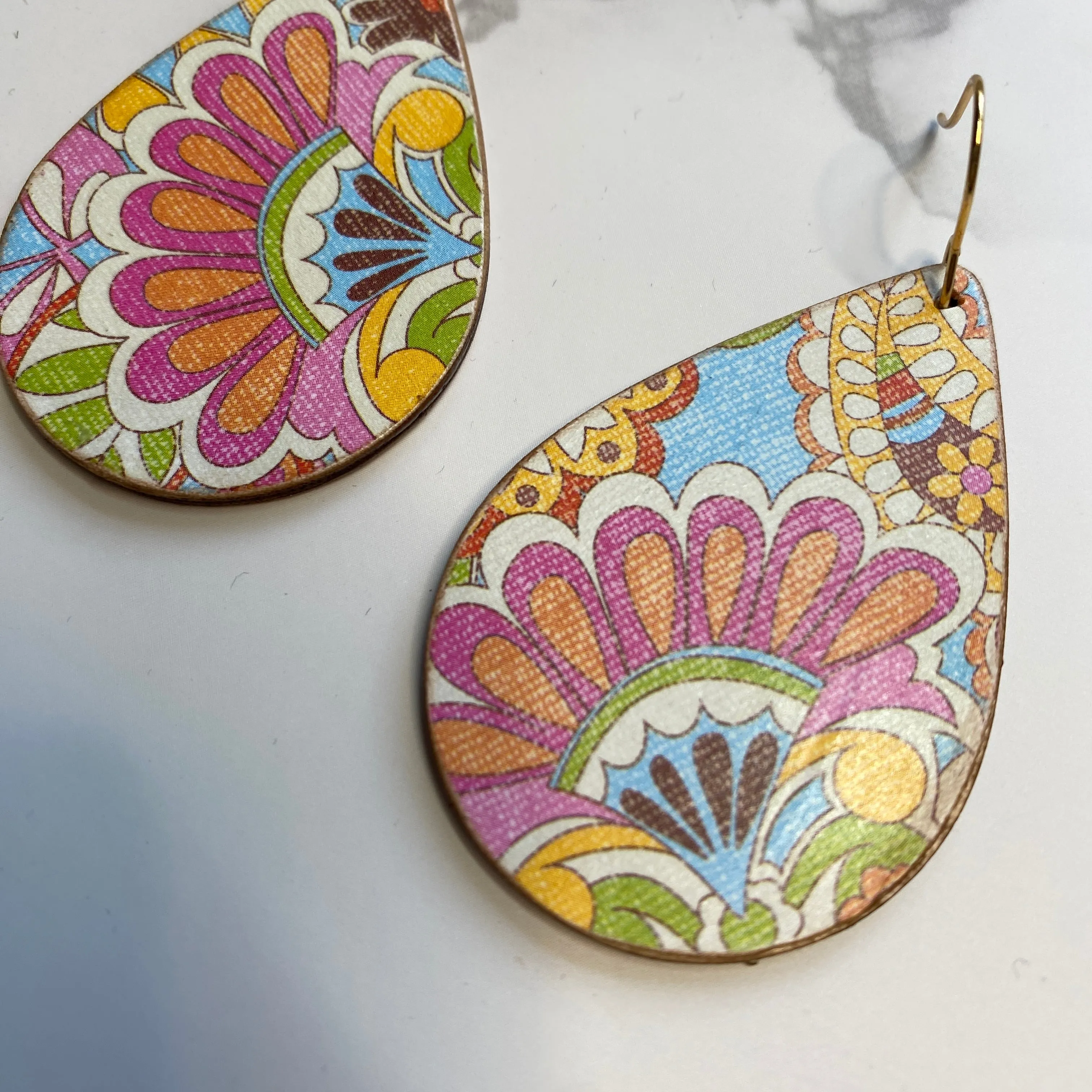 Pink Blue Green Paisley Wood Earrings