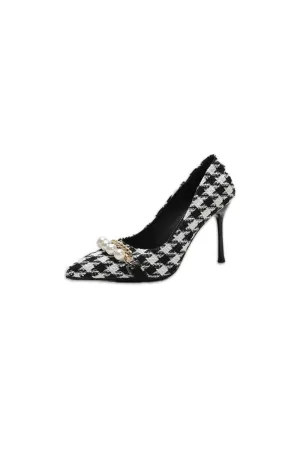 Plaid Pearl Detail Point Toe Stiletto Pumps