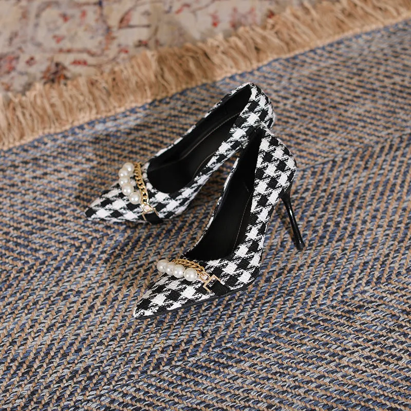 Plaid Pearl Detail Point Toe Stiletto Pumps