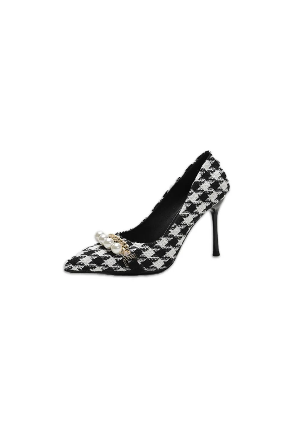 Plaid Pearl Detail Point Toe Stiletto Pumps