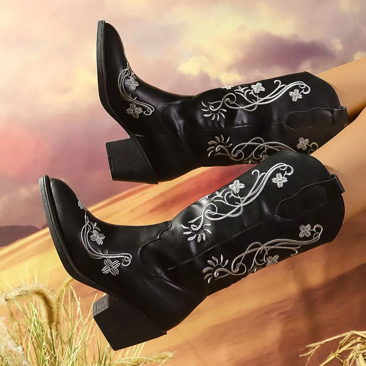Point Toe Block Heels Boots
