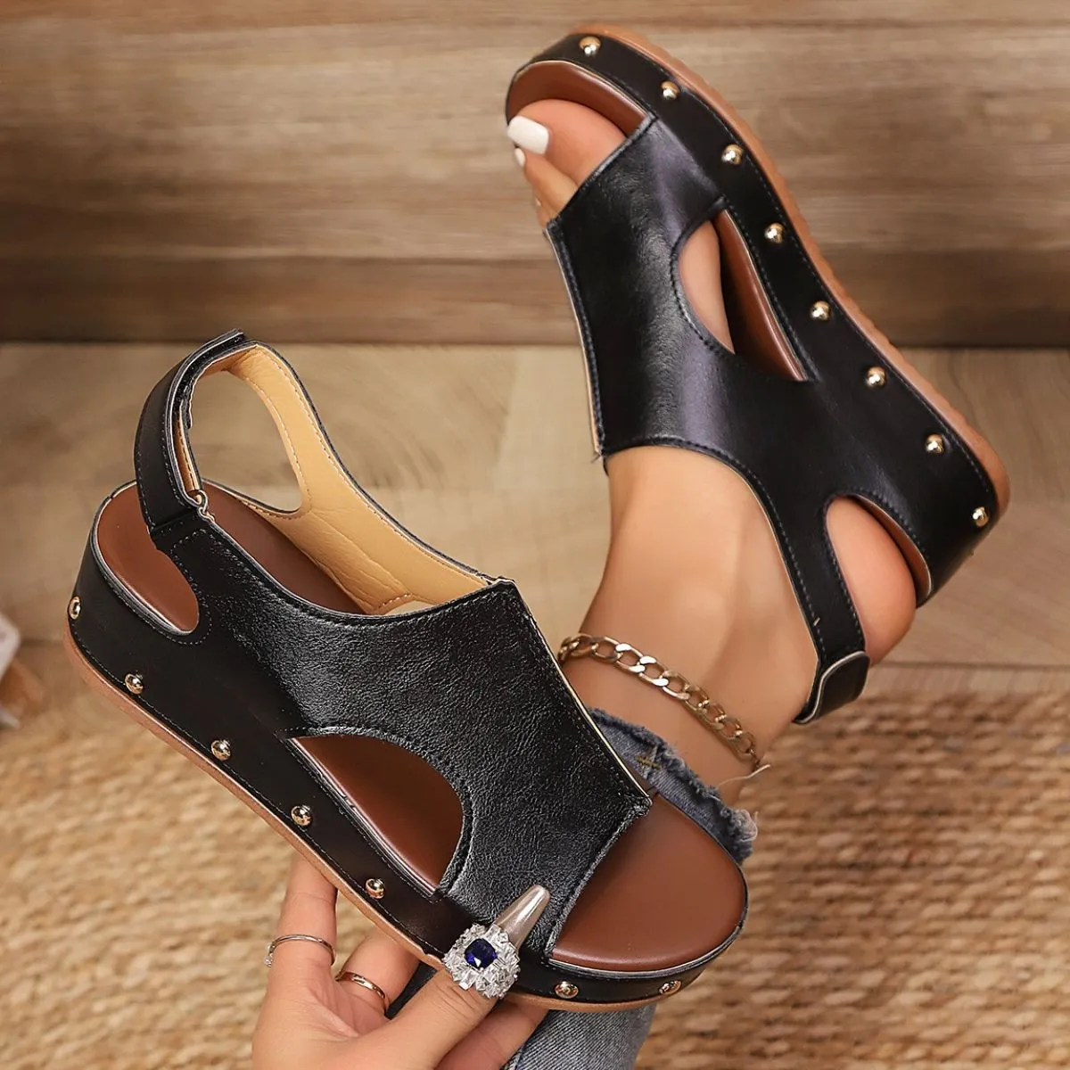 Rivet Decor Wedge Velcro Sandals