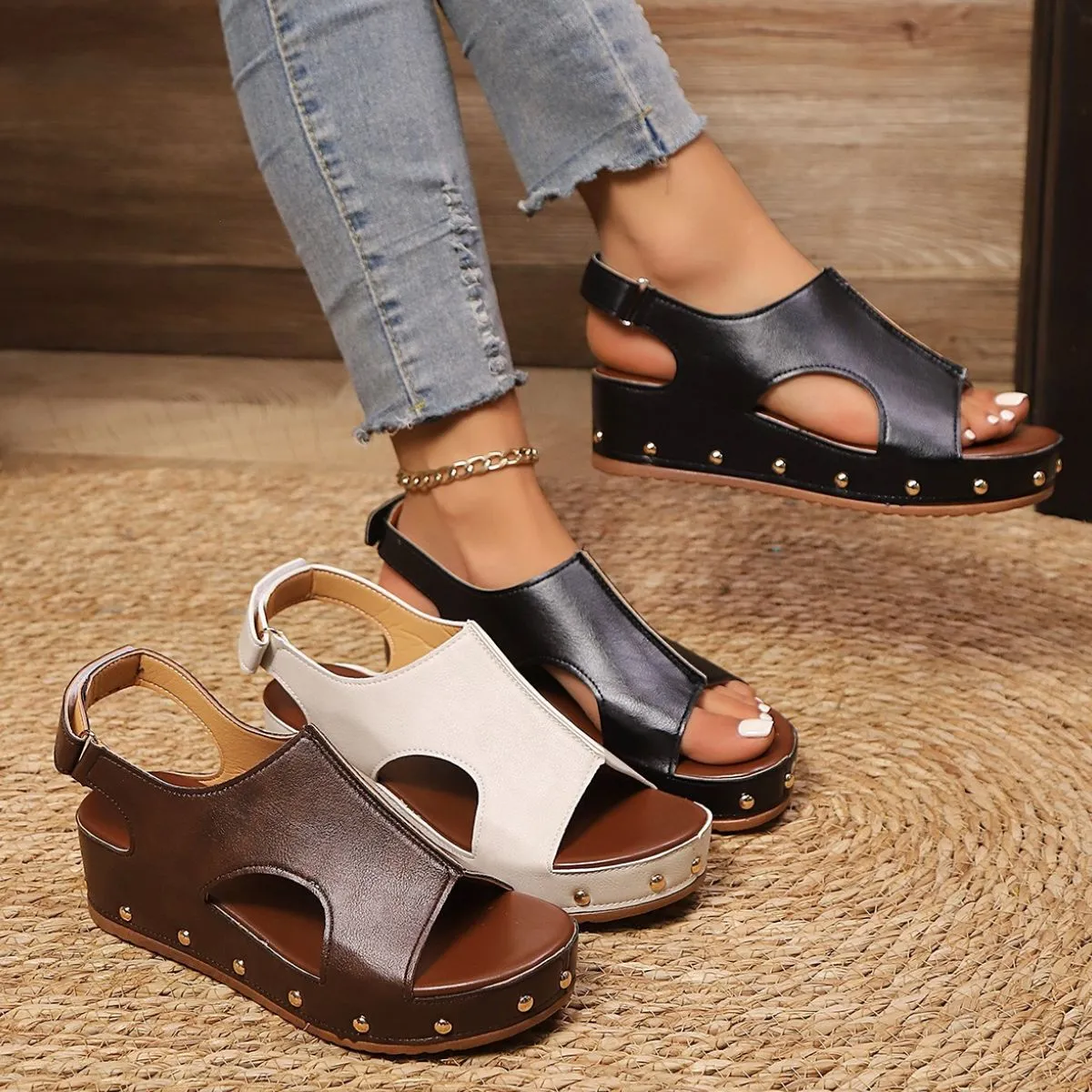 Rivet Decor Wedge Velcro Sandals