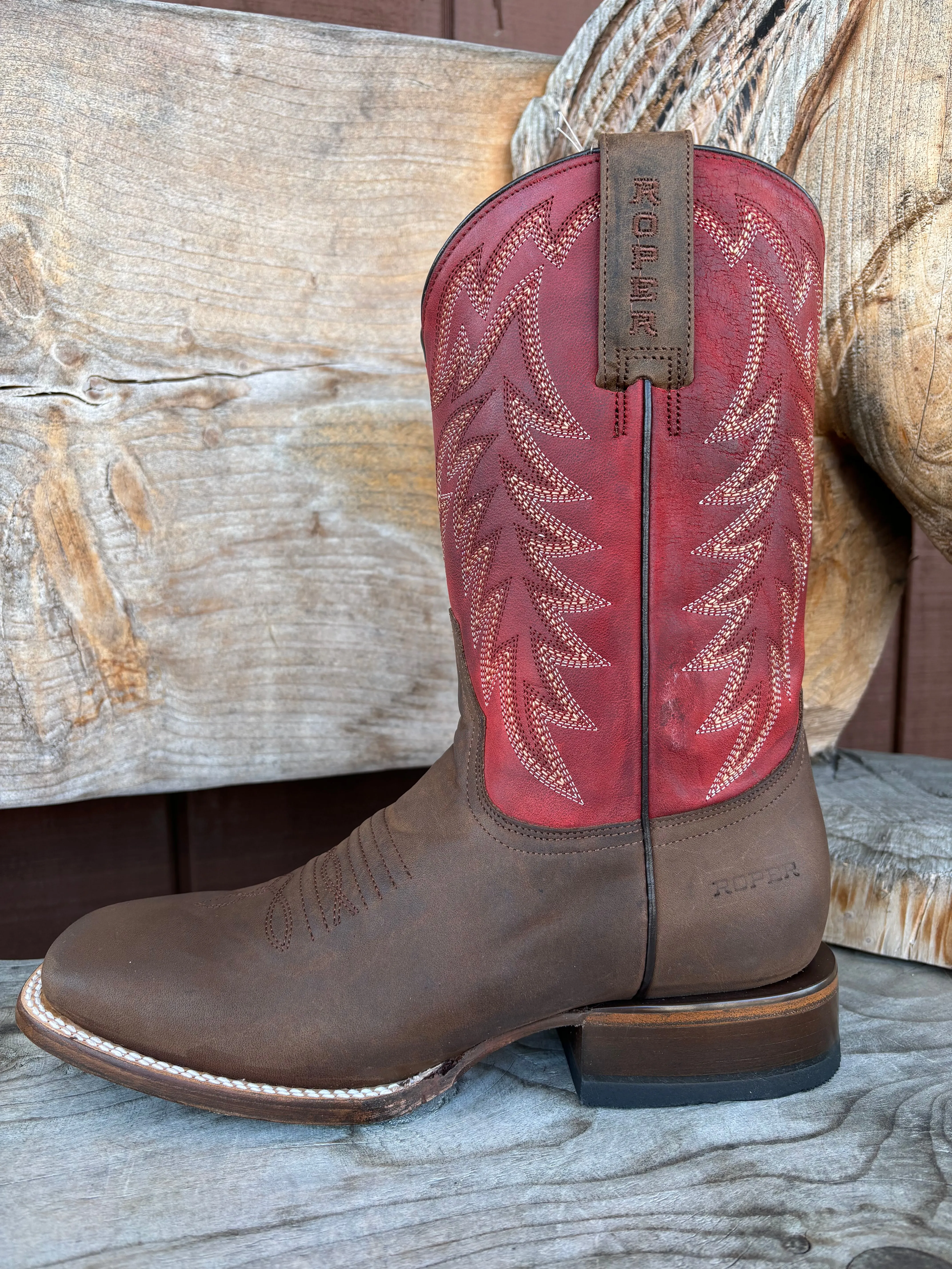 Roper Men's Burnish Brown & Red Square Toe Western Cowboy Boots 9201-8662