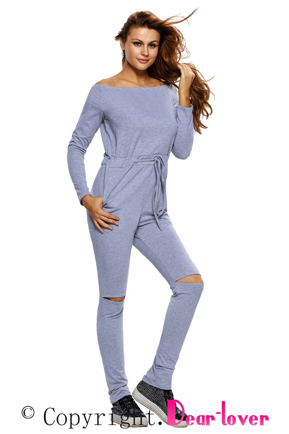 Sexy Grey Knee Cutout Long Sleeve Off Shoulder Jumpsuit