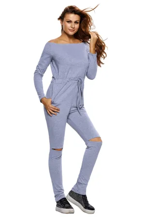 Sexy Grey Knee Cutout Long Sleeve Off Shoulder Jumpsuit
