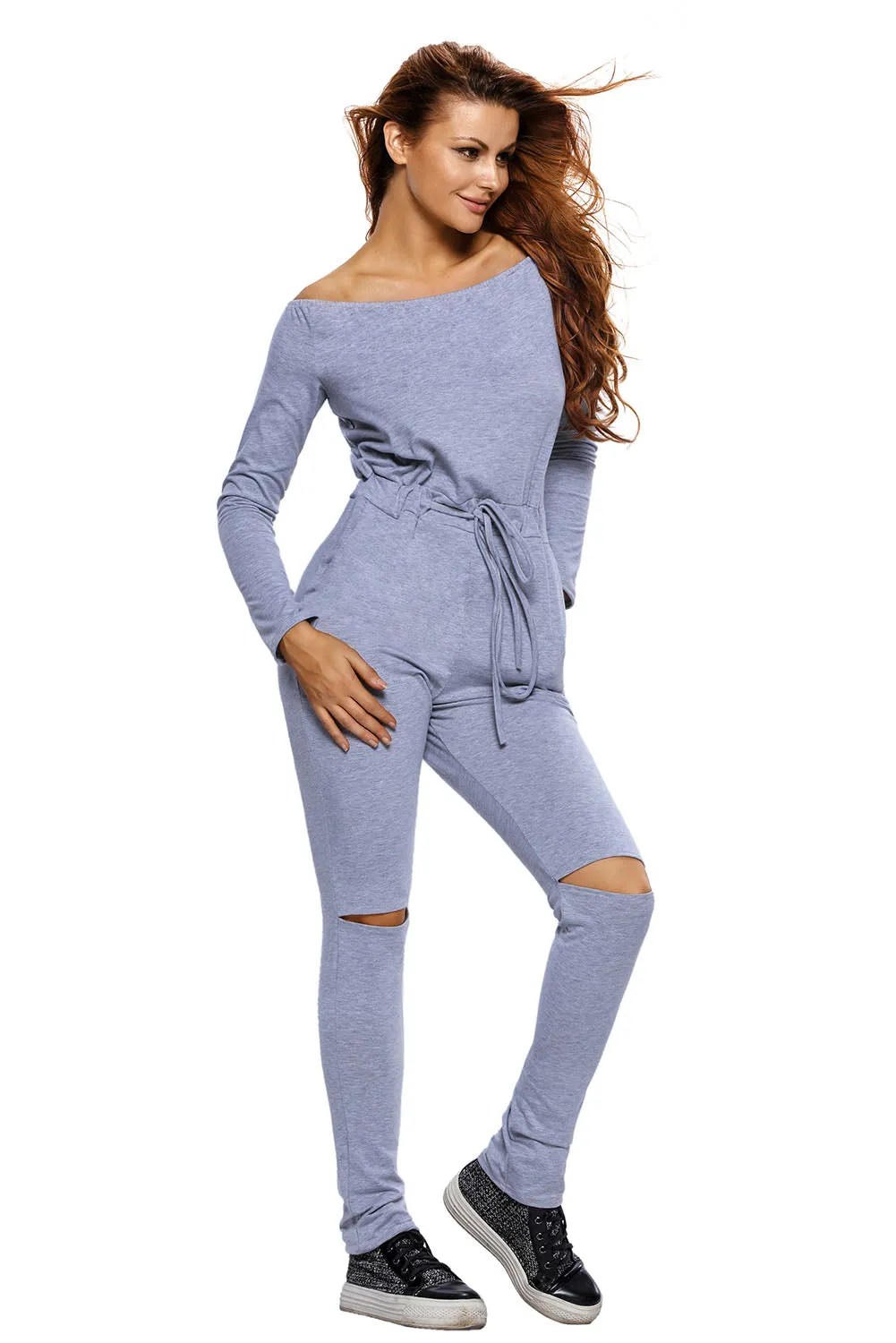 Sexy Grey Knee Cutout Long Sleeve Off Shoulder Jumpsuit
